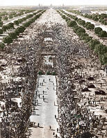 Mahatma Gandhi's dead body being carried on a catafalque through the streets of New Delhi, here Raj Path, to the cremation ground at Rajghat, January 31, 1948. [AKG110392524]