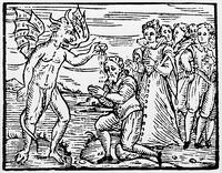 Satan Baptises Sorcerer / Woodcut / 1608 [AKG110392526]
