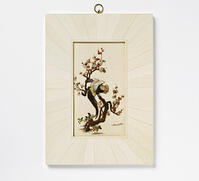ROOSTER WITH LONG TAIL FEATHERS (ONAGADORI) IN FLOWERING PRUNUS.  [AKG110392715]