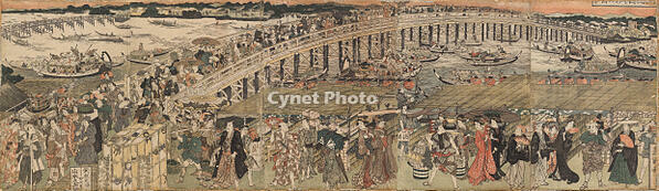 Cooling Off at Ryogoku Bridge in Edo, a Pentaptych (Edo Ryôgoku suzumi no zu, gomai tsuzuki) [AKG110392518]