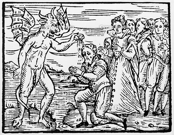 Satan Baptises Sorcerer / Woodcut / 1608 [AKG110392526]