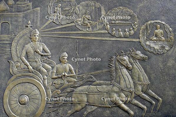 Tinh Xa Ngoc Chau Buddhist temple. The Life of the Buddha, Siddhartha Gautama. Prince Siddhartha asked a charioteer to take him on a series of rides through the countryside. Chau Doc. Vietnam. [AKG110392652]