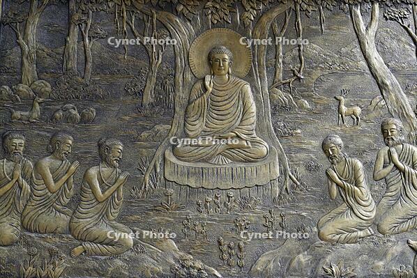 Tinh Xa Ngoc Chau Buddhist temple. The Life of the Buddha, Siddhartha Gautama. The Buddha preached His first sermon to the five monks at the Deer Park in Varanasi. Chau Doc. Vietnam. [AKG110392654]