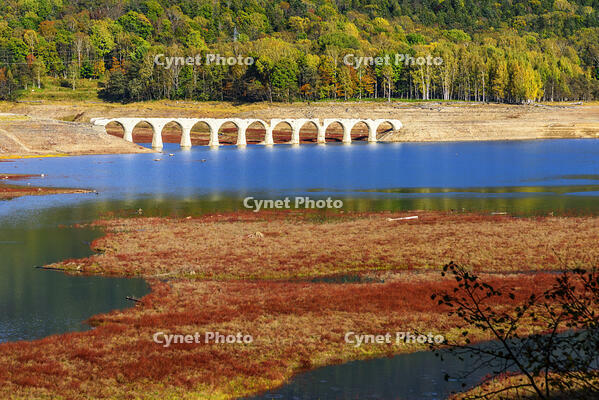 タウシュベツ川橋梁と秋色の糠平湖　旧国鉄士幌線 [MHI110004989]