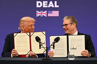 U.S. President Donald Trump and UK Prime Minister Keir Starmer announce an agreement between the two countries as they hold a press conference conference at Chequers at the conclusion of a state visit on September 18, 2025 in Aylesbury, England. [PST110004204]