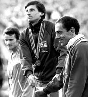 1980 Olympic Games, Moscow  Sebastian Coe shakes hands with Steve Ovett after collecting their gold and bronze medals in the 1500m event.  1st August 1980. [PST110004243]