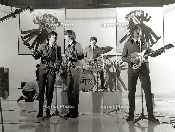 Paul McCartney, George Harrison, Ringo Starr, John Lennon (The Beatles) , "A Hard Days Night", a Janus Films release, 1964. [PST110004217]