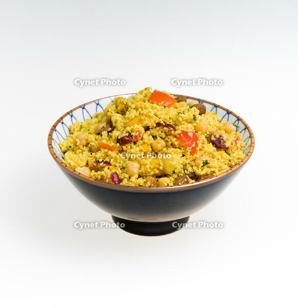 Food, Cooked, Pasta, Bowl of vegetarian couscous with fruit on a white background. [PST110004317]