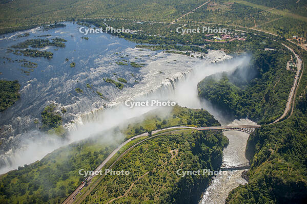 Aerial view of the Zambesi River and Victoria Falls on the border of Zambia and Zimbabwe. [PST110004324]