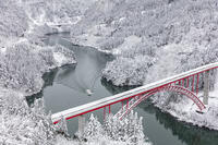 雪の庄川峡　庄川峡遊覧船と利賀大橋と長崎大橋 [MOP110104363]