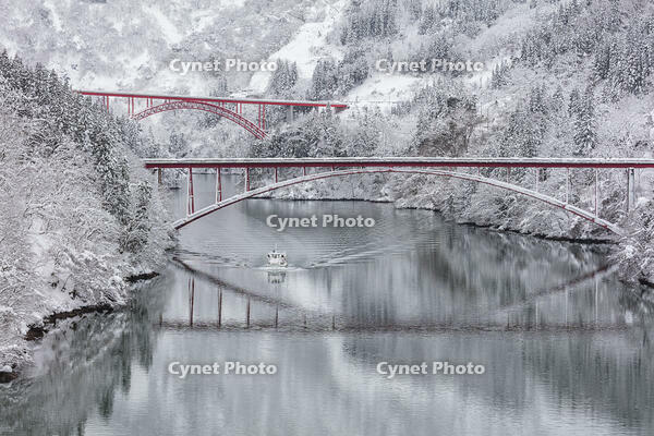 雪の庄川峡　庄川峡遊覧船と長崎大橋と利賀大橋 [MOP110104365]