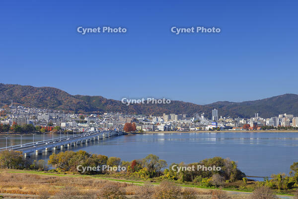 秋の大津市街と琵琶湖と近江大橋と青空 [SNO110019569]