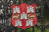 England, Hampshire, Winchester, Abbey Gardens Gate with Winchester Coat of Arms Plaque [STV110084034]
