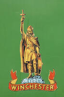 England, Hampshire, Winchester, Vintage Bus Festival, Decal depicting King Alfred on Side of Green Vintage Bus [STV110084046]