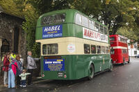 England, Hampshire, Winchester, Vintage Bus Festival, Vintage Doubledecker Green and Red Buses [STV110084049]