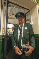 England, Hampshire, Winchester, Vintage Bus Festival, Vintage Green Bus, Bus Conductor [STV110084055]