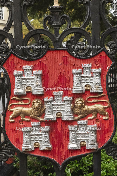 England, Hampshire, Winchester, Abbey Gardens Gate with Winchester Coat of Arms Plaque [STV110084033]