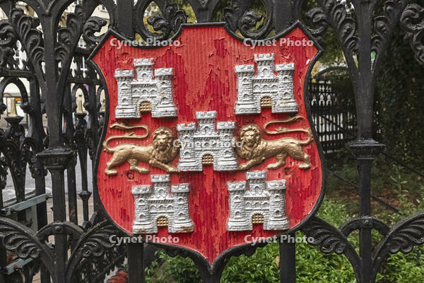 England, Hampshire, Winchester, Abbey Gardens Gate with Winchester Coat of Arms Plaque [STV110084034]
