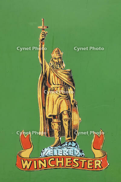 England, Hampshire, Winchester, Vintage Bus Festival, Decal depicting King Alfred on Side of Green Vintage Bus [STV110084046]