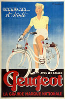'Grand air et sante avec les cycles PEUGEOT, la grande marque nationale'. Femme a velo. Affiche publicitaire de 1938. Illustration par R. LOURDIN. Credit : IM/KHARBINE-TAPABOR. Credit: Album / IM/KHARBINE-TAPABOR [ABM112346183]