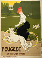 Femme a velo poursuivie par un chien. Affiche publicitaire PEUGEOT vers 1900 1910. Illustration par Walter Thor (1870-1929). Credit : IM/KHARBINE-TAPABOR. Credit: Album / IM/KHARBINE-TAPABOR [ABM112346184]