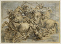 PETER PAUL RUBENS. Battle of Anghiari.45,1 x 64 cm INV 20271 recto Brown ink,black stone,brush,pen,hightened with gouache,hightened with lead white.Inspired by Leonardo's mural begun in 1505 in the Hall of the Fivehundred in the Palazzo Vecchio.  [ABM112350187]