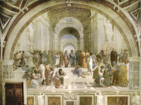 RAPHAEL. The School of Athens, one of the murals Raffael painted for Pope Julius II. In the center background, Platon, (Leonardo da Vinci), discourses with Aristotle. Right: Euklid (Bramante) explains a geometrical problem. Around 1510-12.  [ABM112350188]