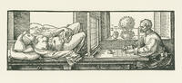 ALBERTO DURERO. A man drawing a recumbent woman. llustration from Albrecht Duerer's Treatise on the Art of Measurement ("Vnderweysung der messung"), first edition published by Hieronymus Andreae, Nuremberg, 1525.   [ABM112350197]