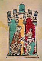 Alfonso II of Aragon. Liber feudorum maior, folio 44V. Disciples kneeling in front of Alfonso II of Aragon . Barcelona, Corona archive. [ABM112409444]