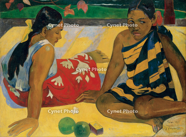 Parau Api. What News. Date/Period: 1892. Painting. Oil on canvas. Height: 670 mm (26.37 in); Width: 920 mm (36.22 in). Author: PAUL GAUGUIN. [ABM110567853]