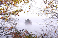 然別湖の朝霧と紅葉と弁天島 [TMA110070143]