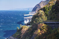 親不知の紅葉と北陸自動車道と日本海　新潟県 [TMA110070899]