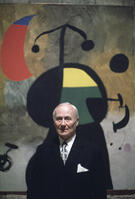 Joan Miro (1893-1983), Spanish Painter, pictured with one of his works. [TPG110085024]