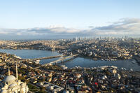 Aerial view of historic cityscape with mosques and bridges over the Bosphorus, Fatih, Turkiye. [TPG110085093]