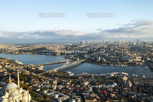 Aerial view of historic cityscape with mosques and bridges over the Bosphorus, Fatih, Turkiye. [TPG110085093]