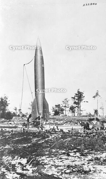 This is a copy of a photo found in the possession of a German prisoner, which is believed to be a V-2 guided Missile on a launching pad somewhere in German territory. US Seventh Army, ETO. 4/13/45.  [TPG110085105]