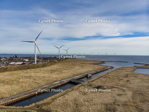 Aerial view of Wind Turbine of Provestenen Syd in the water, Copenhagen, Denmark. [TPG120056319]