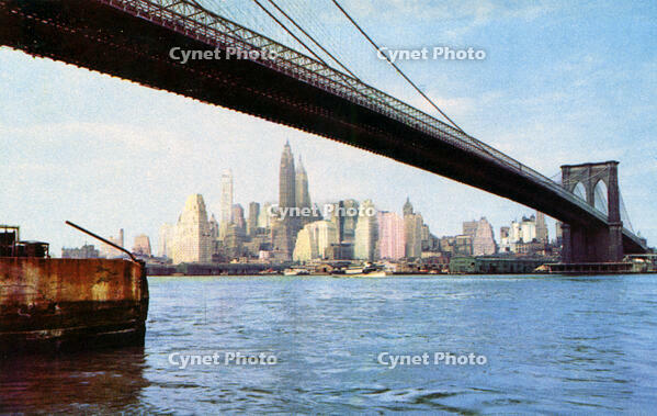 Lower Manhattan skyline from under the Brooklyn Bridge, New York City, New York, USA, 1956. [TPG110085298]