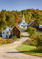 Autumn over road with white-steeple church and red barn, Green Mountains, Waits River, Vermont, USA [AWL110001505]