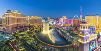 Bellagio Fountain View, Lady Gaga Dancing Fountain Show, with Paris Eiffel Tower Las Vegas Strip View, Skyline, illuminated Las Vegas, Nevada, USA [AWL110001558]