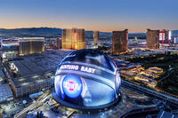 The Sphere, Exosphere is nightly used to display art and advertising Aerial View of Skyline, Strip at Night, Las Vegas, Nevada, USA [AWL110001559]