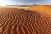 Rippled sand dunes with mountains in the distance, Namib Rand Nature Reserve, Namib Desert, Namibia [AWL110001697]