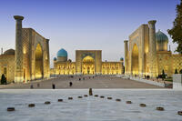 The Registan square  and its three madrasahs. From left to right: Ulugh Beg Madrasah, Tilya-Kori Madrasah and Sher-Dor Madrasah. A Unesco World Heritage Site, Samarkand. Uzbekistan [AWL110001745]