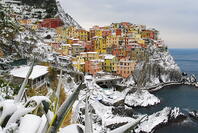 Italy, cinque Terre, Manarola. Snow in Manarola only every 25 years it happens to snow in the cinque terre. [AWL110001951]