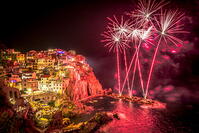 Europe, Italy, Liguria. Fireworks in Manarola for San Lorenzo. [AWL110001952]