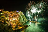 Europe, Italy, Liguria. Fireworks in Manarola for San Lorenzo. [AWL110001953]