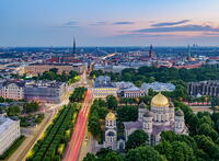 View over the Golden Domes of the Nativity of Christ Orthodox Cathedral towards the Old Town, dusk, Riga, Latvia [AWL110002023]