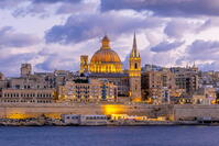 St Paul's Pro-Cathedral and The Basilica of Our Lady of Mount Carmel at Dusk, Marsamxett Harbour, Valletta, Malta, Southern Europe [AWL110002035]