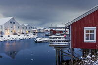 A red hut called Rorbuer (ancient fishermen's houses), Henningsvaer in Lofoten islands, Norway [AWL110002046]