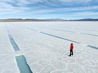 Aerial view of a person looking at the turquoise pools of the Salinas Grandes Salt Flat, Puna de Atacama, Jujuy, Argentina. [AWL110002073]